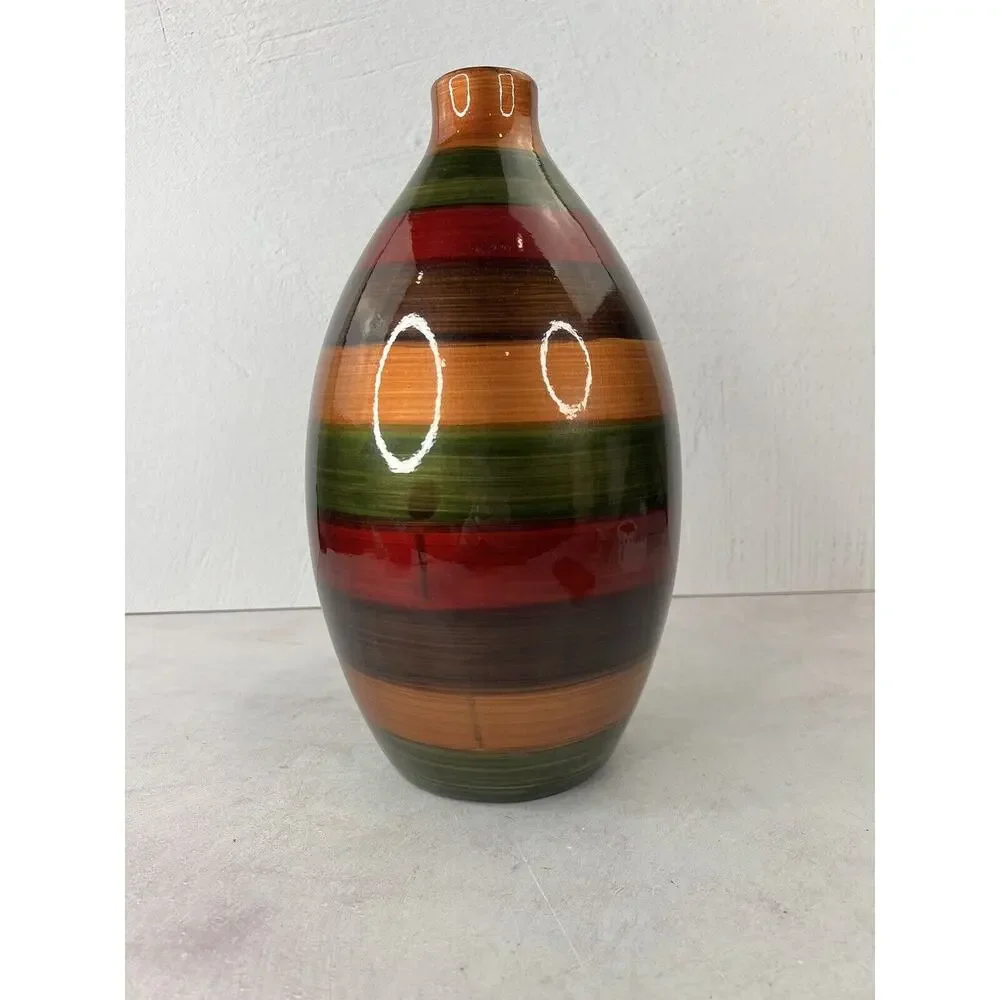 Vintage MCM Autum Color hues‎ Striped Decorative Vase 13 Inches Tall